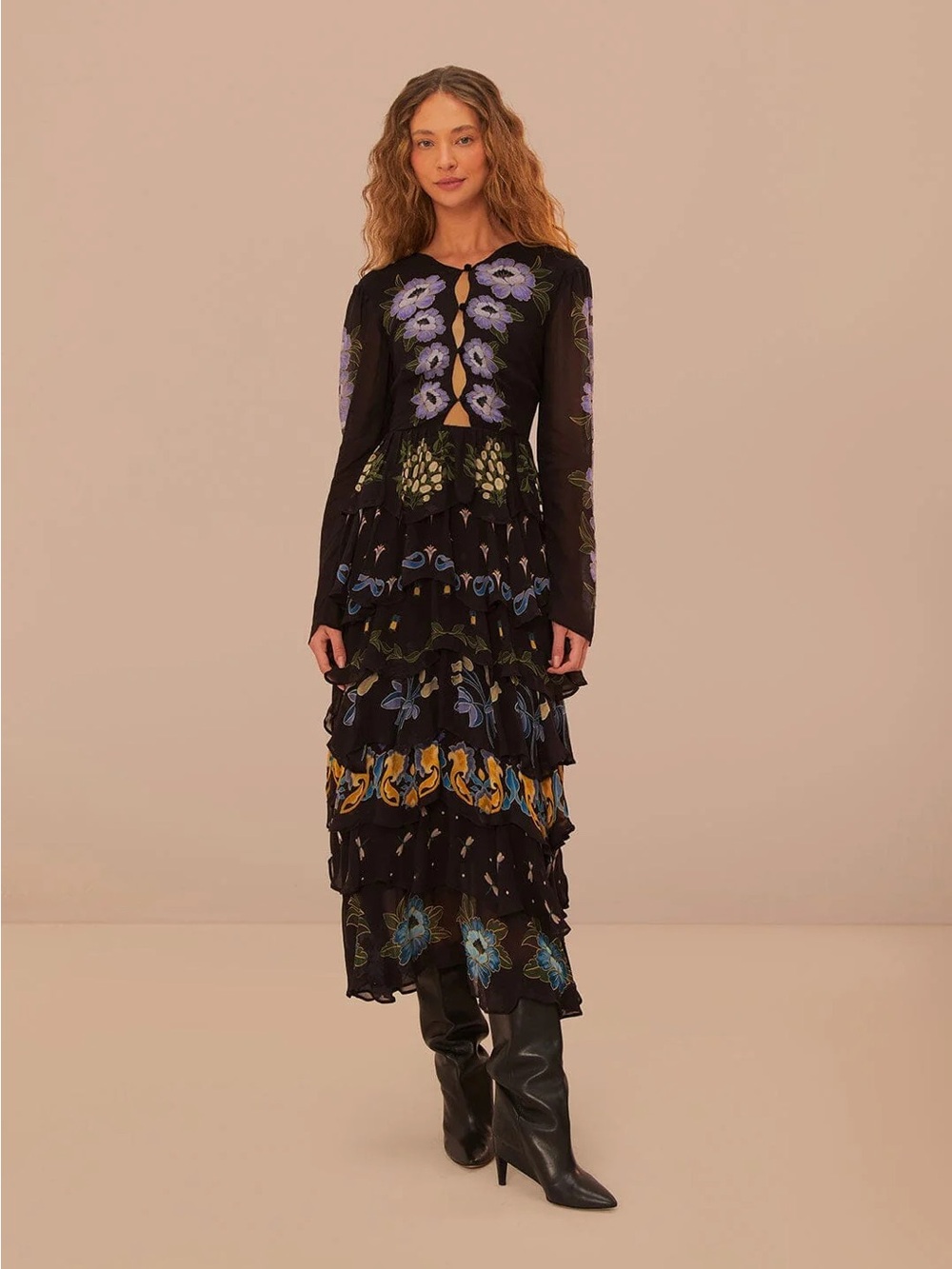 NWT $298 FARM RIO Ruffled Tiered Printed Floral Georgette Maxi Dress XS - Picture 5 of 9